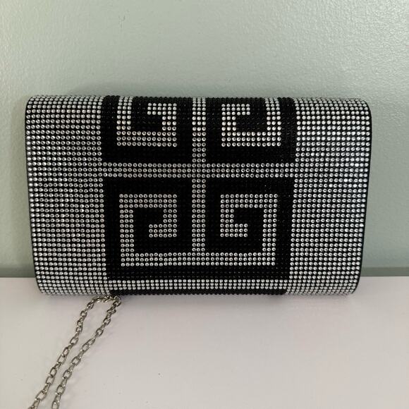 Greek Clutch Bag Rhinestone Embellished Black Silver Chain Purse Evening Party - Picture 11 of 12